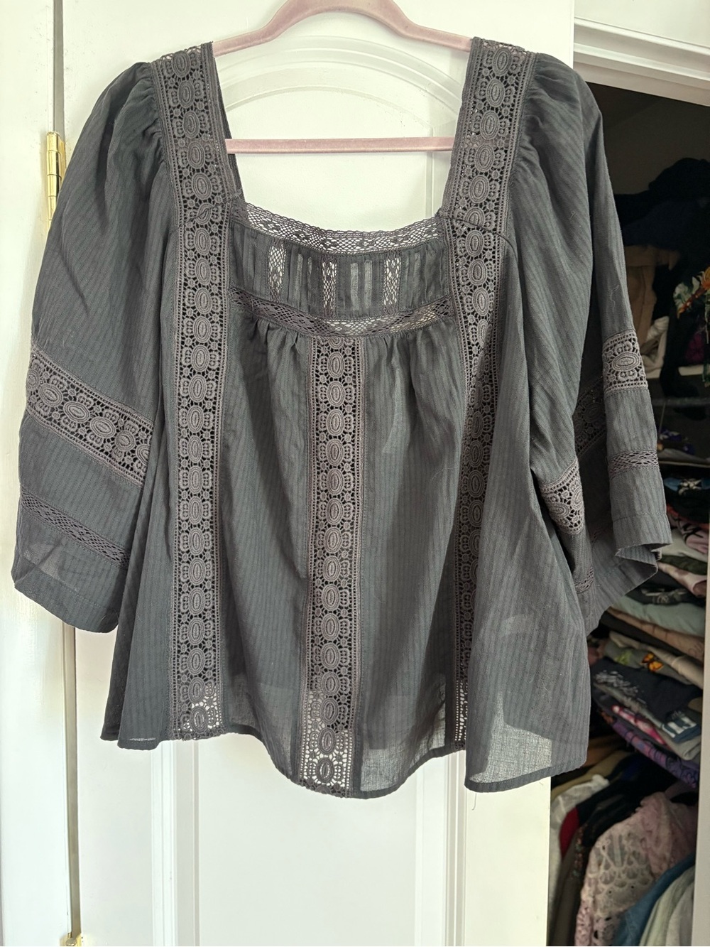 Torrid Gray Lace-Trim Peasant Blouse tie back